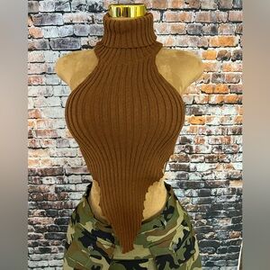 Halter top.  Backless sweater.  Mock neck